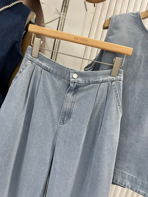 Denim Round Neck Pleated Back Tops with Trousers Sets